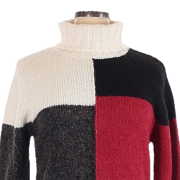 Tangents Ivory Red & Black Colorblock Comfy Turtleneck Sweater Size XL - Picture 3 of 7